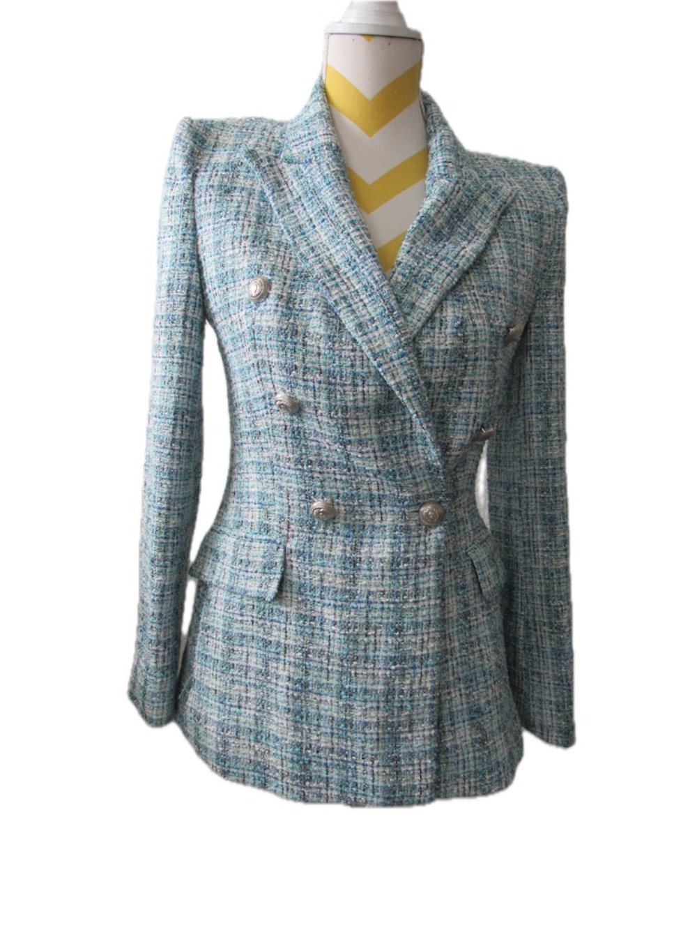 ZARA Plaid Double Breast Teal Blue Long Sleeve Blazer Jacket